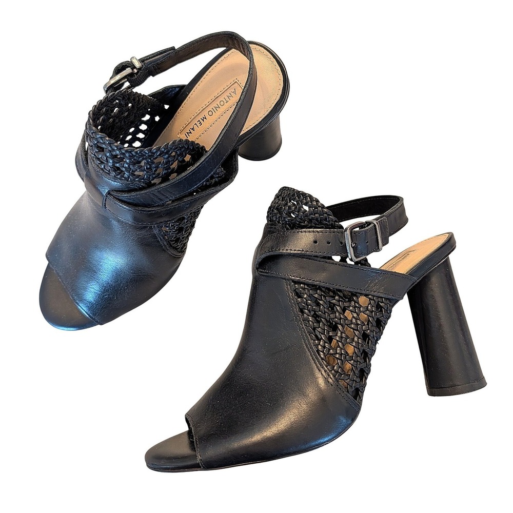 Antonio Melani Peep Toe Slingback Heels Women 9M Black Leather Woven Block NWOT